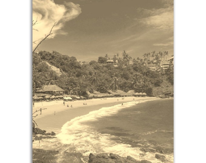 Puerto Escondido Mexico Poster Vintage Print | Retro Tropical Beach Sepia Photo Gift | Puerto Escondido Wall Art Home Decor | Vertical Photo