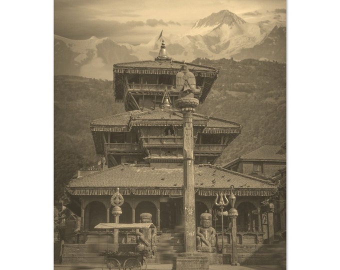 Vintage Kathmandu Nepal Travel Poster Print Wall Art | Retro Kathmandu Home Decor | Kathmandu Temple Mountain Print | Kathmandu Sepia Photo