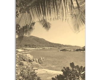 Vintage Seychelles Beach Poster: Retro Sepia Tropical Wall Art