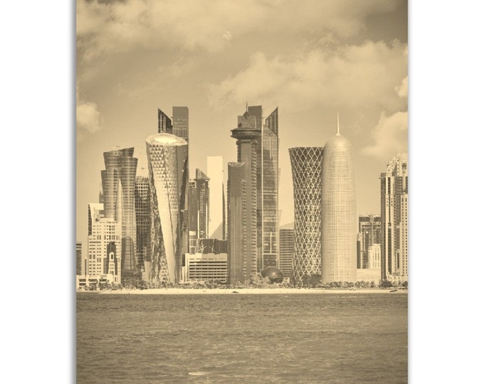Vintage Doha Poster Print | Retro Qatar Doha Black White Sepia Photo Gift | Doha Middle East Wall Art Home Decor | Vertical Doha City Poster