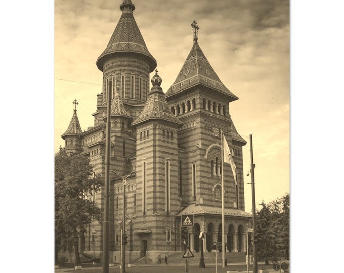 Vintage Timisoara Romania Poster | Retro Timisoara Cathedral Sepia Print | Timisoara Wall Art Home Decor | Vertical Timisoara Travel Photo