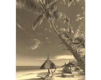 Vintage Mauritius Beach Print: Retro Sepia Travel Poster