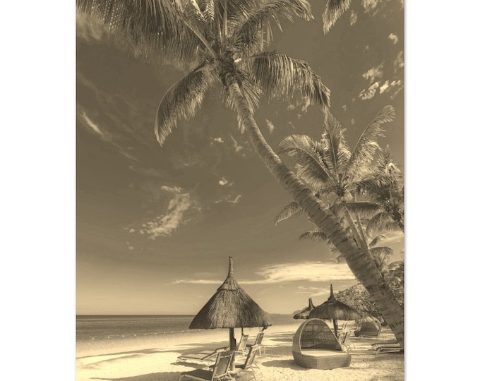 Vintage Mauritius Beach Travel Poster Print Wall Art | Retro Tropical Mauritius Home Decor | Mauritius Coast Print Vertical Sepia Photo Gift