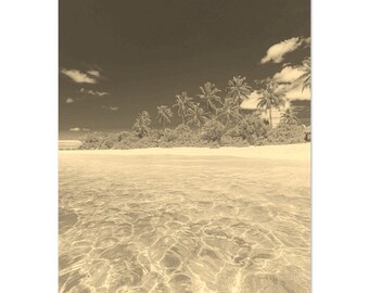 Vintage Bora Bora Print: Sepia Coast, Palm Trees Travel Poster