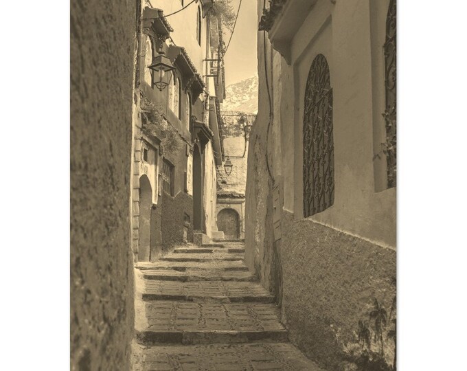 Vintage Chefchaouen Morocco Chefchaouen Poster | Chefchaouen Street Sepia Print Wall Art Home Decor | Chefchaouen Blue Town Travel Photo
