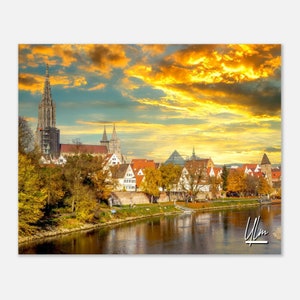 Ulm Alemania cartel de viaje impresión arte de la pared / decoración del hogar de Ulm / impresión costera del atardecer de Ulm / ciudad vieja de Ulm horizontal / colgantes de Ulm foto presente