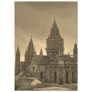 Vintage Mainz Town Germany Travel Poster Print Wall Art | Retro Mainz Church Home Decor | Mainz City Print Vertical | Mainz Sepia Photo Art
