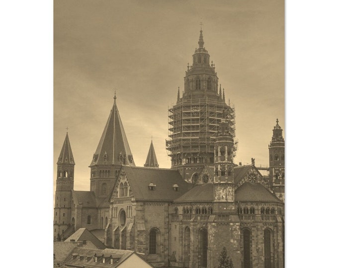 Vintage Mainz Town Germany Travel Poster Print Wall Art | Retro Mainz Church Home Decor | Mainz City Print Vertical | Mainz Sepia Photo Art