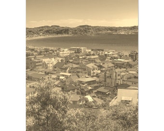 Vintage Kamakura Japan City Travel Poster Print Wall Art | Retro Kamakura Home Decor | Kamakura Town Print Vertical | Kamakura Sepia Photo