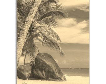 Vintage Sanya Hainan Print: Sepia Beach Scene, China Travel Poster