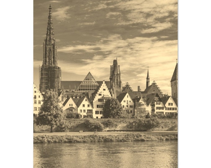 Vintage Ulm Germany Coast Travel Poster Print Wall Art | Retro Ulm Town Home Decor | Ulm Church Print Vertical | Ulm Sepia Photo Present