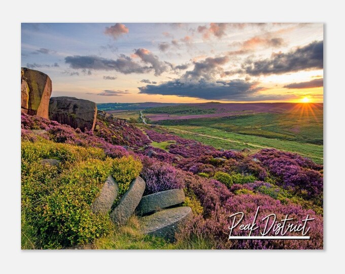 Peak District England Travel Poster Wall Art | The Peak District Home Decor | The Peak District Heather Print Sunset Landscape Photo Present