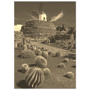 Vintage Lanzarote Kanarische Inseln Poster | Retro Lanzarote Schwarz Weiß Sepia Print | Lanzarote Kaktus Wand Kunst Wohnkultur Reise Foto