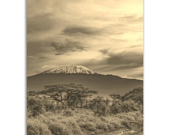 Vintage Mount Kilimanjaro Print: Sepia Tanzania Savanna Photo Poster