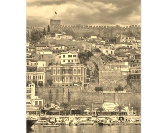 Vintage Kavala Town Greece Travel Poster Print Wall Art | Retro Kavala Mountain Coast Home Decor Vertical | Kavala Cityscape Sepia Photo