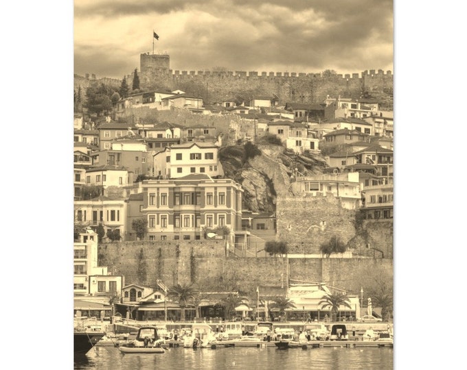 Vintage Kavala Town Greece Travel Poster Print Wall Art | Retro Kavala Mountain Coast Home Decor Vertical | Kavala Cityscape Sepia Photo