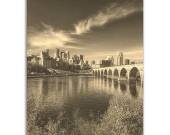 Minneapolis Print: Vintage Sepia Skyline, Minnesota Travel Poster