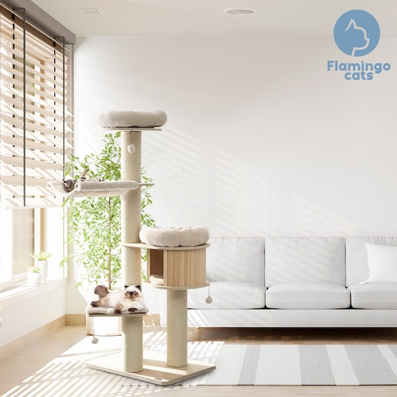 Extremely Fun 69” Tall Cat Tree Tower with Stable Platform | 5 Level Cat Climbing Tower with Condo, Hammock, Perches and Hanging Toys