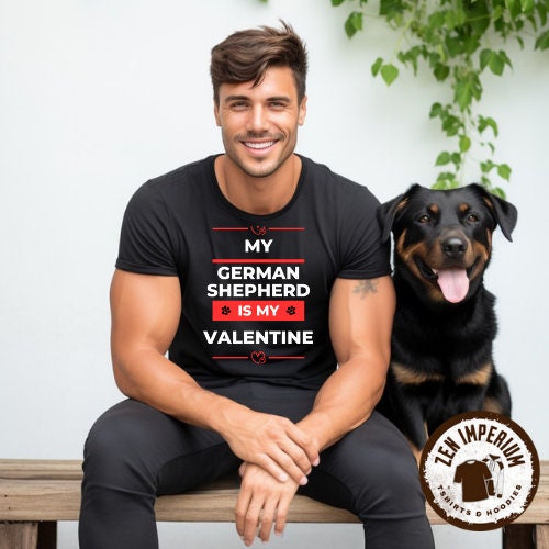 My German Shephard Is My Valentine Bella  Canvas Unisex T-Shirt - Soft Cotton Heather Blended Fibers Tear-Away Label Humane Production