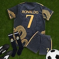 Ronaldo Kids Jersey No 7 Gold Black Dragon Special Edition Soccer Jersey Kit Shorts with Socks Set for Boys - Vintage Uniform Youth Sizes