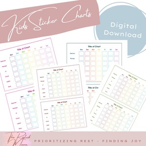 May include: A collection of colorful kids' sticker charts with a pastel rainbow grid design. The charts are labeled with days of the week and spaces for tracking activities. The words "Kids Sticker Charts" and "Digital Download" are also visible.
