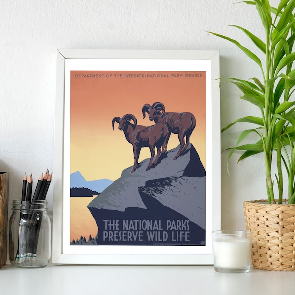 Mountain Sheep on Rock • 1939 Vintage Tourism Poster • Printable Wall Art • Home Decor • Mid Century Modern