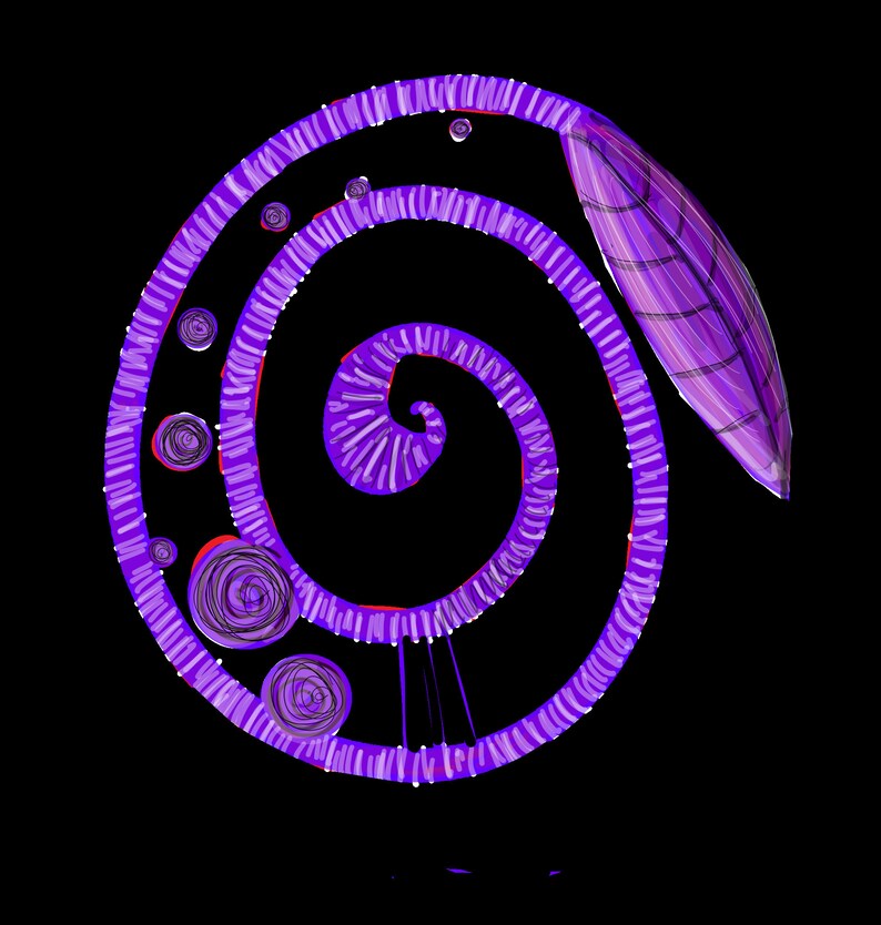 May include: A purple spiral design with a leaf-like shape on the right side. The spiral has a series of smaller circles within it, and the leaf has a striped pattern.