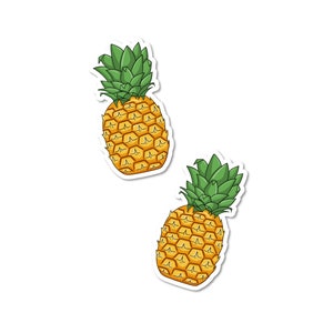 May include: Two yellow pineapples with green tops, illustrated in a cartoon style, with a white outline around each pineapple, as if they are stickers.