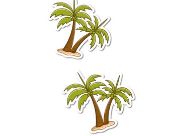 May include: Two cartoon palm trees with green leaves and brown trunks, set against a white background. The trees are drawn in a simple, whimsical style, with a sticker-like border around them.