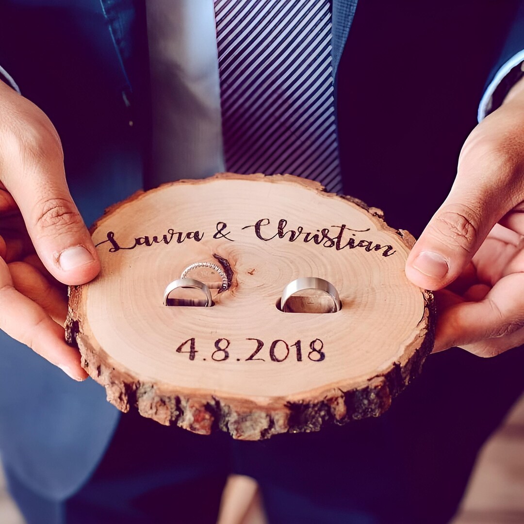 Personalized Ring Box Wedding Ring Set His and Her, Custom Rustic Wood Ring Holder, Proposal or