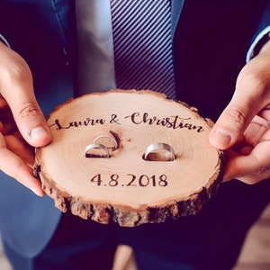 Personalized Ring Box Wedding Ring Set His and Her, Custom Rustic Wood Ring Holder, Proposal or Engagement Ring Holder with Names & Date