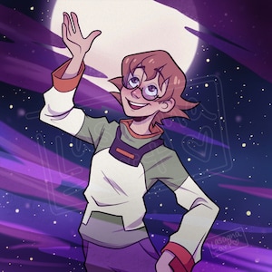 May include: Digital illustration of a person with short brown hair, wearing glasses and a green and white shirt, raising a hand. The background features a purple and blue starry sky with a large moon.