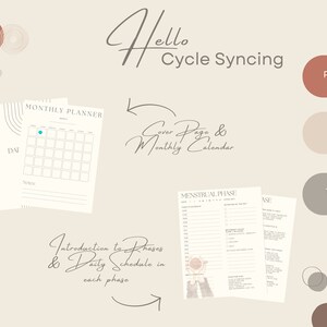 May include: A printable digital planner for cycle syncing. The planner includes a cover page, monthly calendar, menstrual phase tracker, and a guide. The text "Hello Cycle Syncing" is written in cursive at the top of the image.