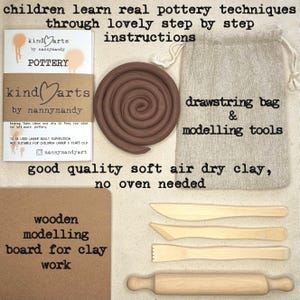 1kg of beautifully soft air drying clay, step by step hand illustrated  instructions, wooden tools especially chosen for softer edges, pottery tools pouch, wooden board for clay work