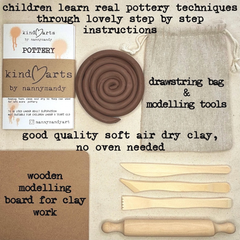 1kg of beautifully soft air drying clay, step by step hand illustrated  instructions, wooden tools especially chosen for softer edges, pottery tools pouch, wooden board for clay work