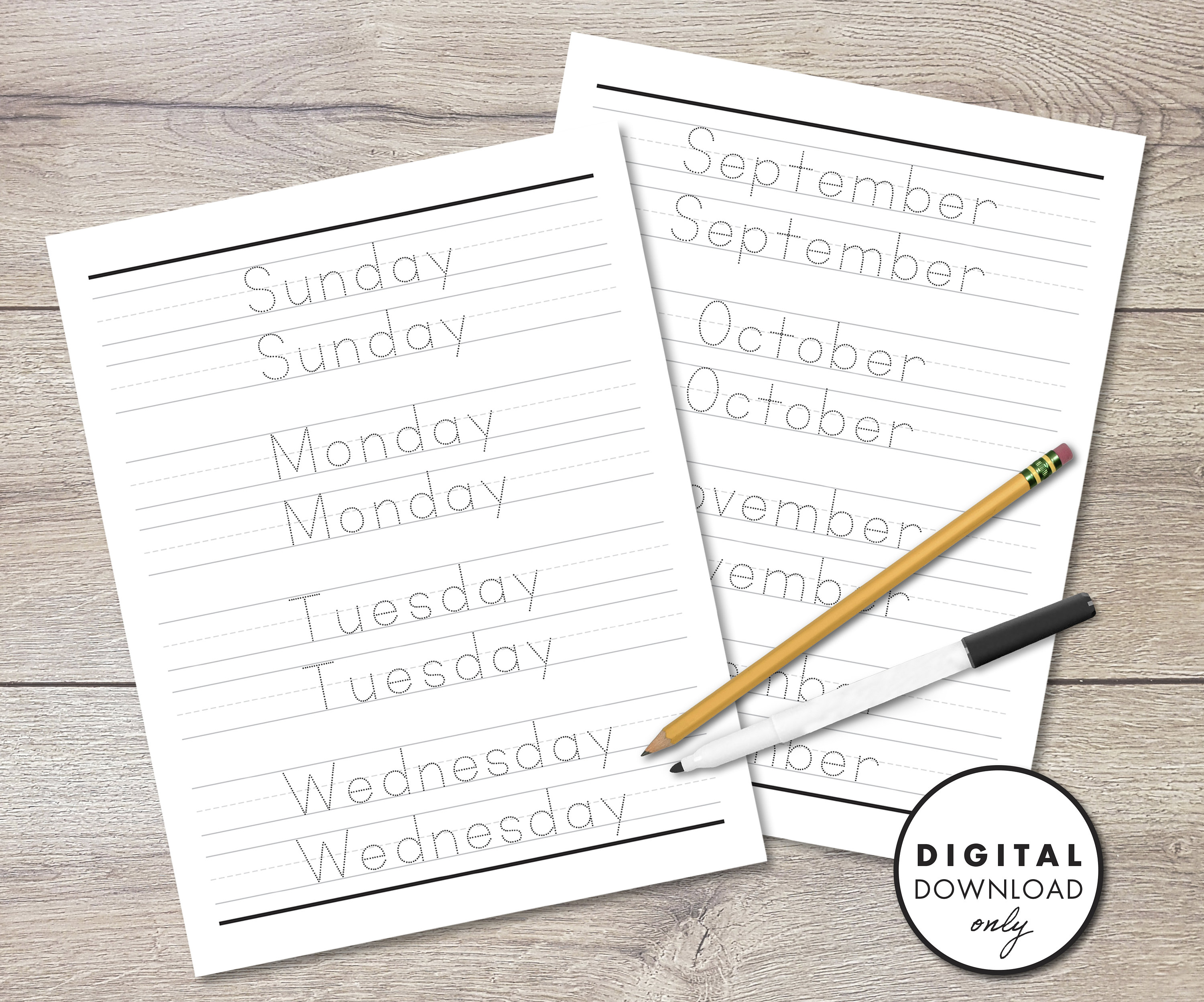 Traceable Days and Months Worksheets - PRINTABLE - Instant Download - Etsy
