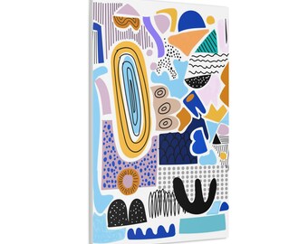 Puede incluir: Impresión en lienzo de arte abstracto con un collage vibrante de formas y colores. El diseño incluye un gran óvalo amarillo con líneas azules y blancas, junto con formas azules, naranjas y negras. La obra de arte está montada sobre un lienzo blanco.