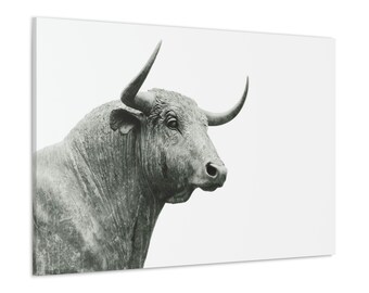 CANVAS ART - Bull Wall Art | Long Horn Bull Art | Bull Black White Photo | Bull Canvas Print | Bull Statue Art | Farmhouse | Office Decor