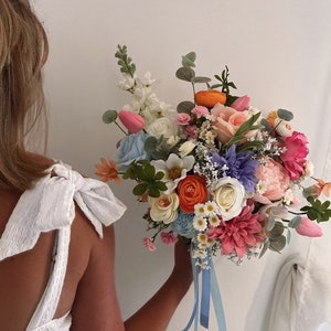 Pastel summer artificial flower bouquet, colour bride Bouquet, wildflower vibrant bridal and bridesmaid bouquet set, summer bouquet,handmade