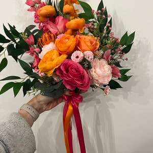 Orange and pink, artificial flower bouquet, bride and bridedmaid set, wild vibrant bridal,disco wedding decor,colourful handmade bouquet set