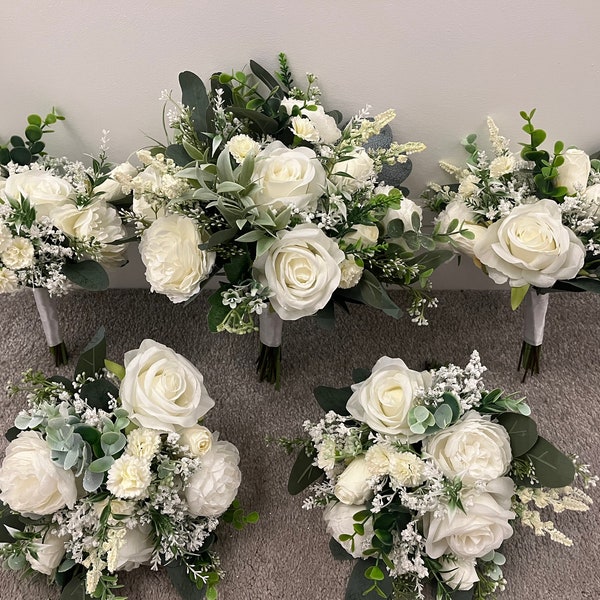 Handmade artificial rose wedding bouquet, green and ivory rose bouquet, bride and bridal party flower arrangements, artificial bride bouquet