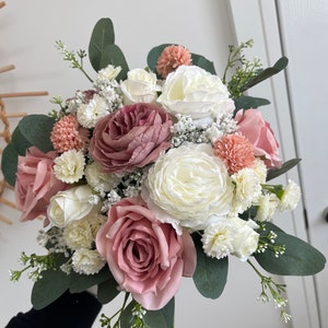 Artifical dusty pink bouquet,faux flowers,wedding bouquet,pink peonies,roses,eucalyptus, gypsophila, round handmade bouquet,handtied bouquet