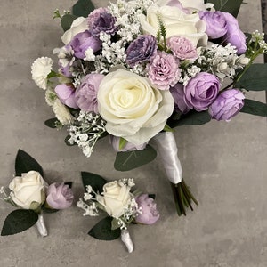 Handmade artificial wedding bouquets, lilac and ivory wedding flowers, rose, eucalyptus gypsophila bridal bouquet, faux floral arrangement,