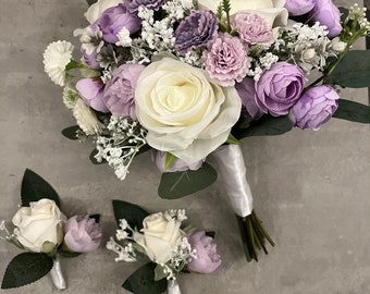 Handmade artificial wedding bouquets, lilac and ivory wedding flowers, rose, eucalyptus gypsophila bridal bouquet, faux floral arrangement,