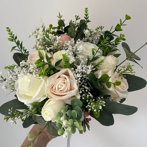 Handmade artificial rose wedding bouquet, blush and ivory rose bouquet, bride and bridal party flower arrangements, artificial bride bouquet