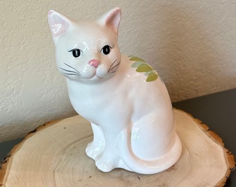 Vintage Hand Painted Ceramic Cat with Flowers - Kitten Figurine Floral - Collectible White Cat