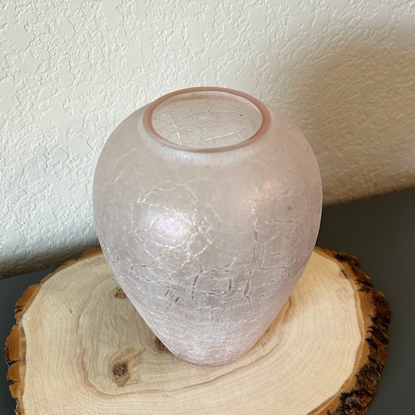 Pink Silvestri Iridescent Crackled Glass Vase - Vintage Decor - Tabletop Antiques B1