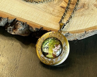 Vintage style Frog and Fairy Locket Necklace - Bronze Pendant Necklace - Unique Sentimental Cottagecore Fantasy Necklace