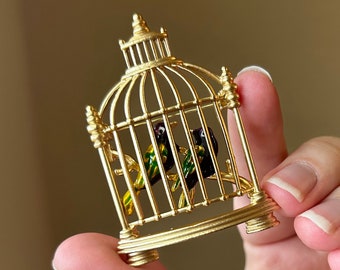 Gold Tone Enamel Bird Cage with 2 Birds Brooch - Bird Lapel Pin for Scarf Coat Jacket Hat - Casual Brooch