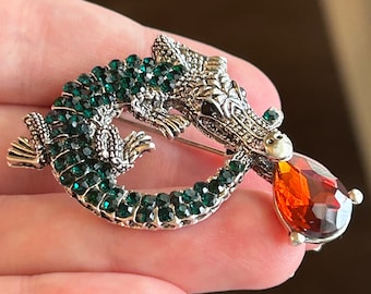 Crocodile Alligator Rhinestone Reptile Brooch - Dragon Pin